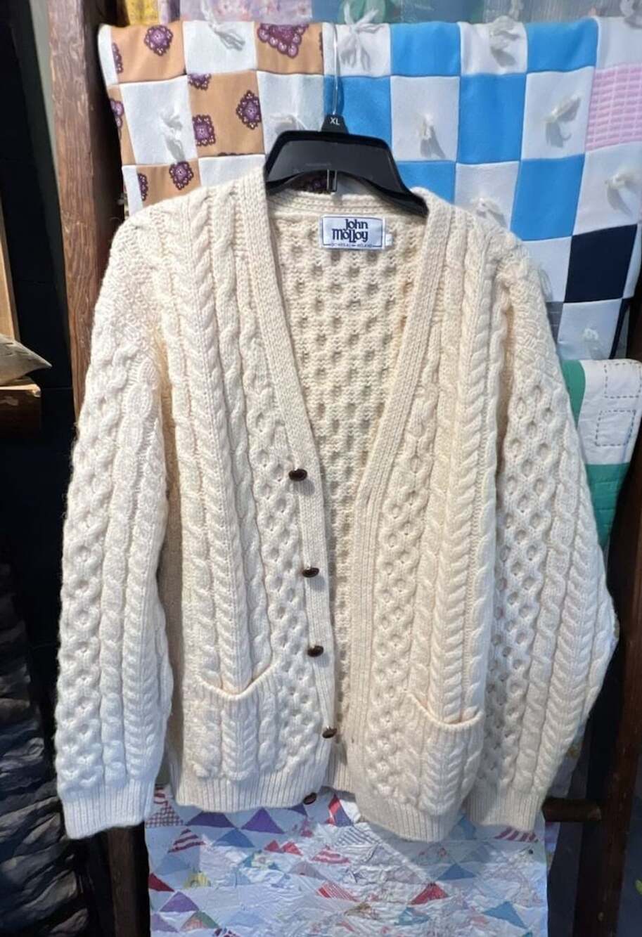 John Molloy 100% Wool Cable Knit Cardigan Sweater, Ivory, Size L, Made in Irelan